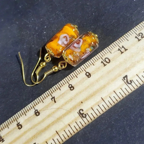 Orange Murano Lampwork Glass Flower Inside Vintage Beads Round Tube Earrings - Picture 11 of 11